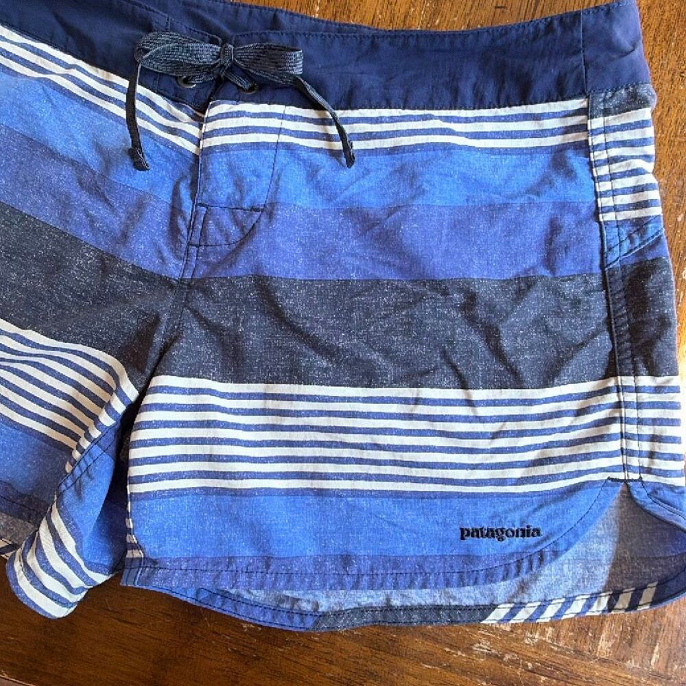 Patagonia Wavefarer Blue Stripped Board Shorts Sz 10 Swimsuit